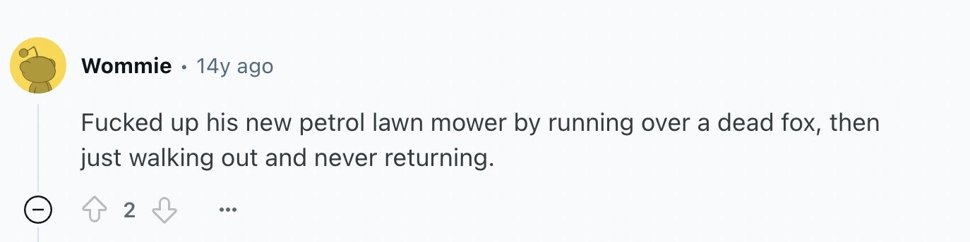 Wommie e 14y ago Fucked up his new petrol lawn mower by running over a dead fox, then just walking out and never returning. - 2 ...