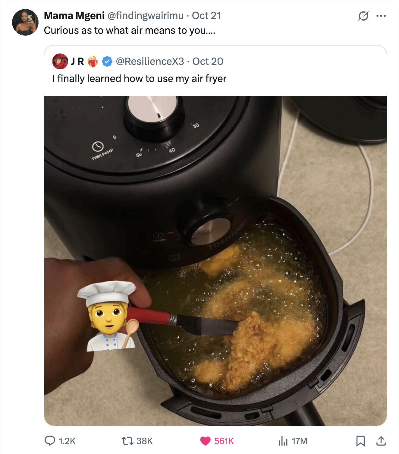 G Mama Mgeni @findingwairimu Oct 21 ... Curious as to what air means to you.... @ResilienceX3 Oct 20 JR finally learned how to use my air fryer 30 40 SU TRAIR POHP THE 1.2K 38K 561K del 17M