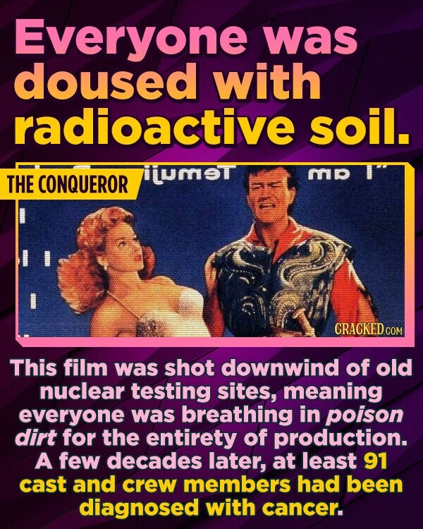 Everyone was doused with radioactive soil. TUMT THE mP CONQUEROR This film was shot downwind of old nuclear testing sites, meaning everyone was breathing in poison dirt for the entirety of production. A few decades later, at least 91 cast and crew members had been diagnosed with cancer. 
