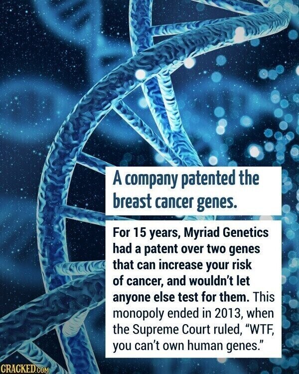 A company patented the breast cancer genes. For 15 years, Myriad Genetics had a patent over two genes that can increase your risk of cancer, and wouldn't let anyone else test for them. This monopoly ended in 2013, when the Supreme Court ruled, WTF, you can't own human genes. CRACKED.COM