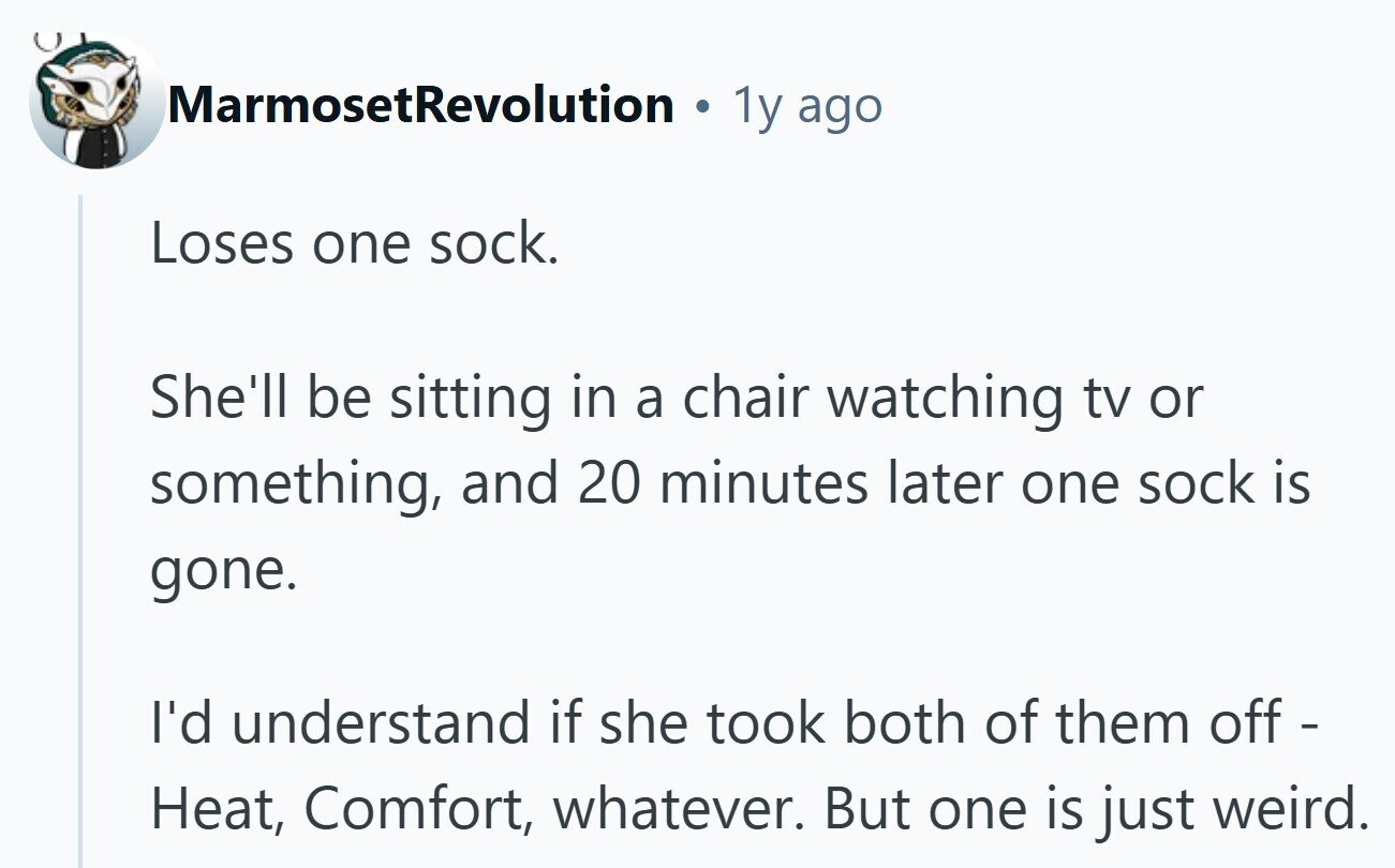 MarmosetRevolution 1y ago Loses one sock. She'll be sitting in a chair watching tv or something, and 20 minutes later one sock is gone. I'd understand if she took both of them off - Heat, Comfort, whatever. But one is just weird.