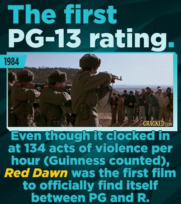 The first PG-13 rating. 1984 CRACKED.COM Even though it clocked in at 134 acts of violence per hour (Guinness counted), Red Dawn was the first film to officially find itself between PG and R.