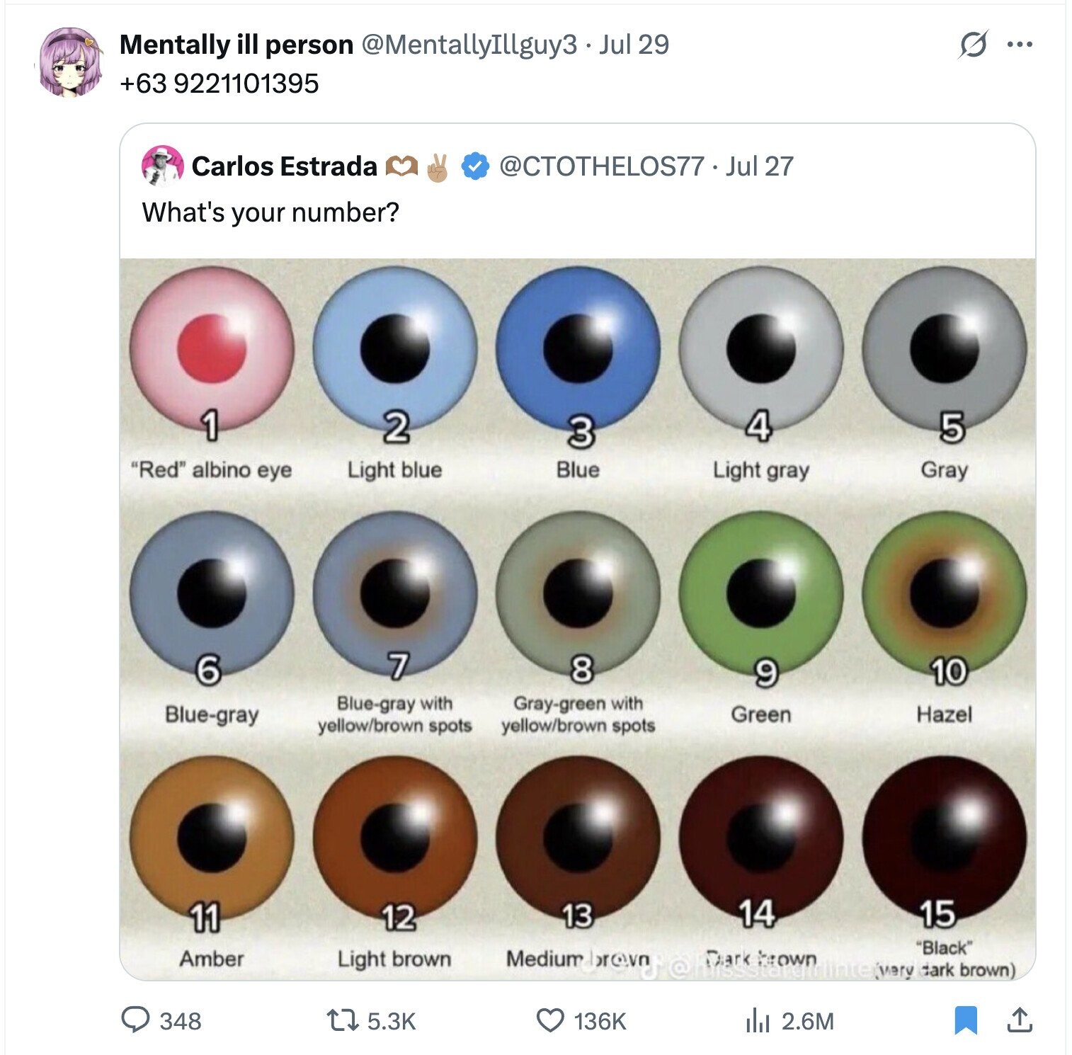 S Mentally ill person @MentallyIllguy3 __ Jul 29 ... +63 9221101395 Carlos Estrada @CTOTHELOS77 Jul 27 What's your number? 1 2 4 5 3 Red albino eye Light blue Blue Light gray Gray 7 6 8 10 9 Blue-gray with Gray-green with Blue-gray Green Hazel yellow/brown spots yellow/brown spots 14 15 11 13 12 Medium Black Amber Light brown brown dark brown) 348 5.3K 136K II 2.6M