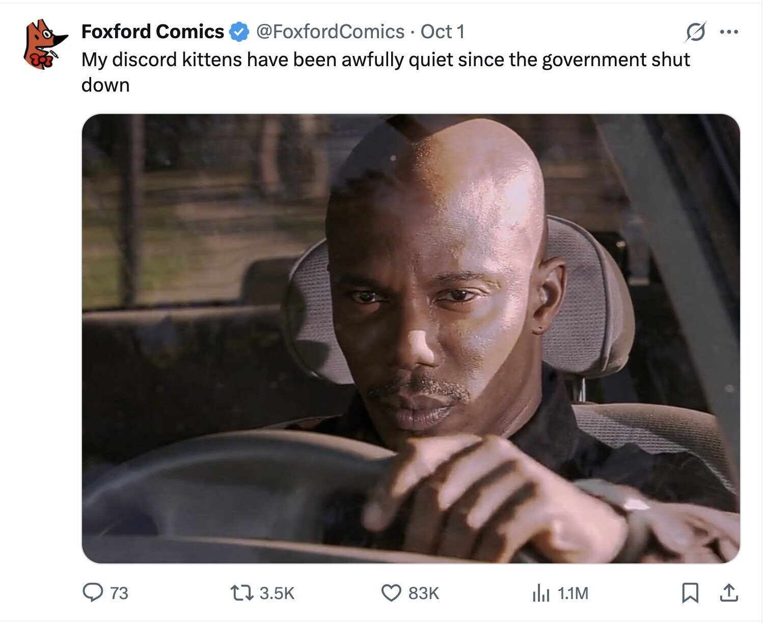 Foxford Comics @FoxfordComics Oct 1 S ... My discord kittens have been awfully quiet since the government shut down 73 3.5K 83K del 1.1M 