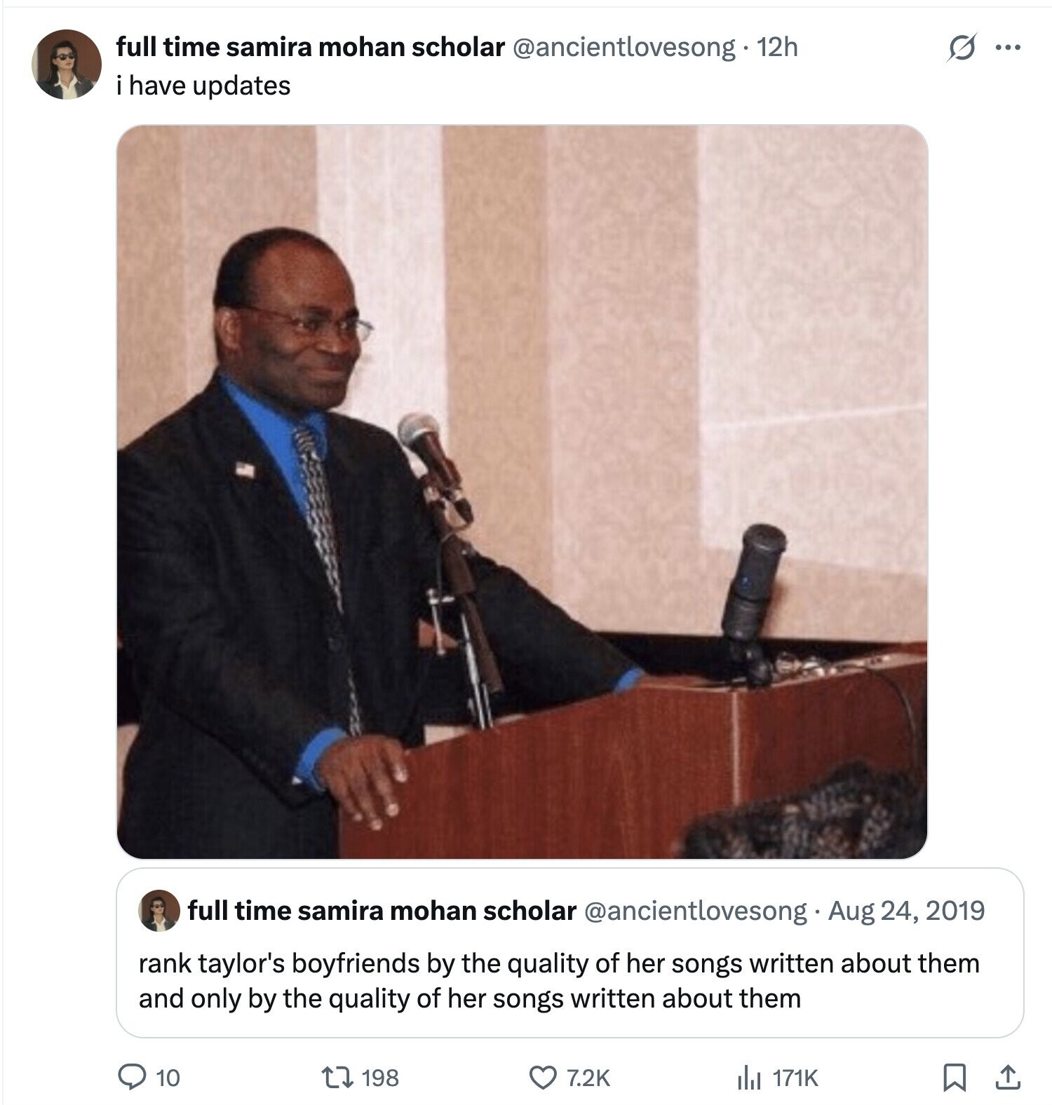 G ... full time samira mohan scholar @ancientlovesong . 12h i have updates full time samira mohan scholar @ancientlovesong Aug 24, 2019 rank taylor's boyfriends by the quality of her songs written about them and only by the quality of her songs written about them 10 198 7.2K 171K 