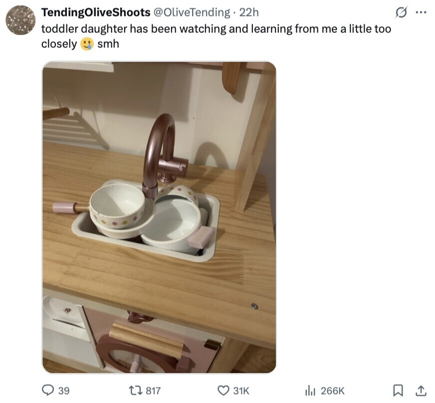 TendingOliveShoots @OliveTending 22h s ... toddler daughter has been watching and learning from me a little too closely smh 39 817 31K del 266K 