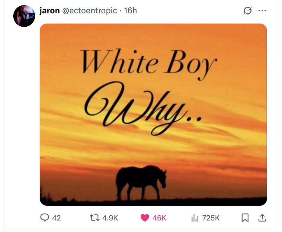 jaron @ectoentropic 16h O ... White Boy Why.. 42 4.9K 46K del 725K