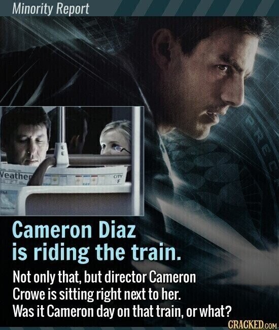 Minority Report PRE Weather in CITY F PM Cameron Diaz is riding the train. Not only that, but director Cameron Crowe is sitting right next to her. Was it Cameron day on that train, or what? CRACKED.COM