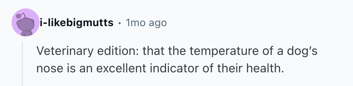 i-likebigmutts 1mo ago Veterinary edition: that the temperature of a dog's nose is an excellent indicator of their health. 