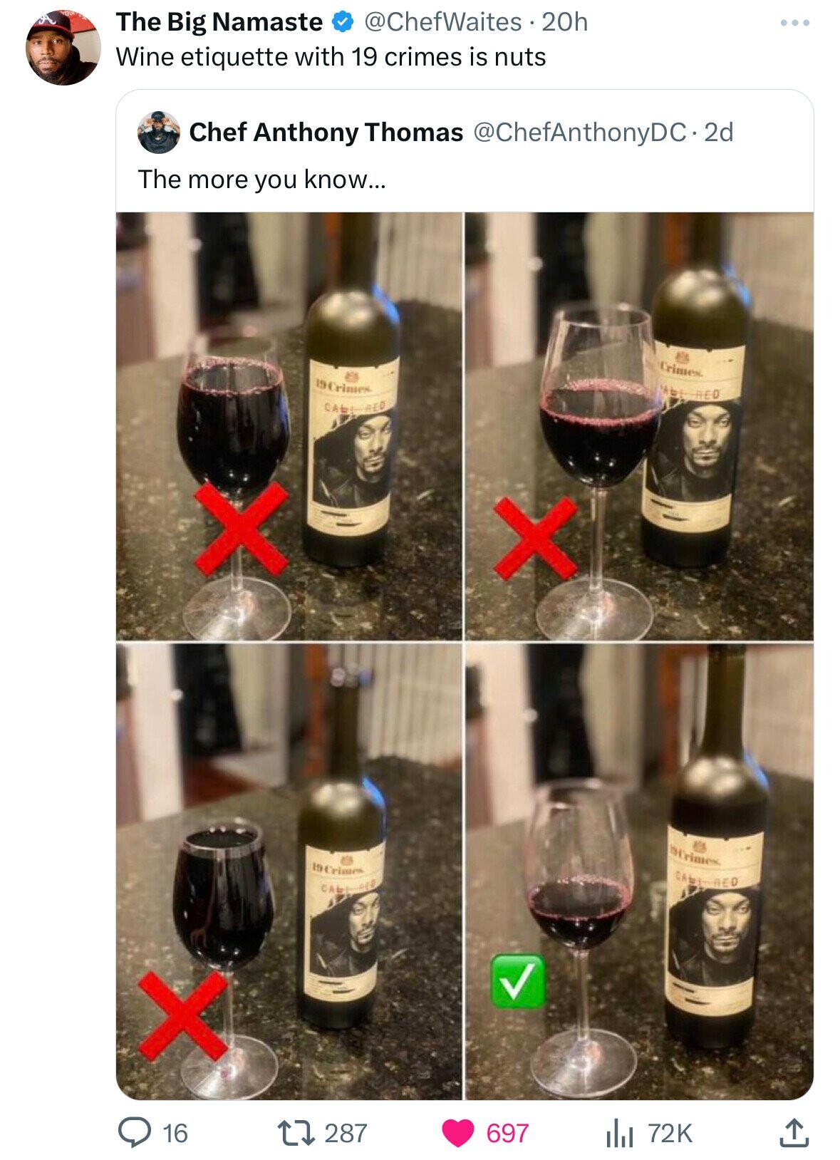 The Big Namaste @ChefWaites 20h Wine etiquette with 19 crimes is nuts Chef Anthony Thomas @ChefAnthonyDC2d The more you know... Crimes 19Crimes Abtoneo CAL! RED X X Crimes iscrimes CARL RED CABLIRED X 16 287 697 72K