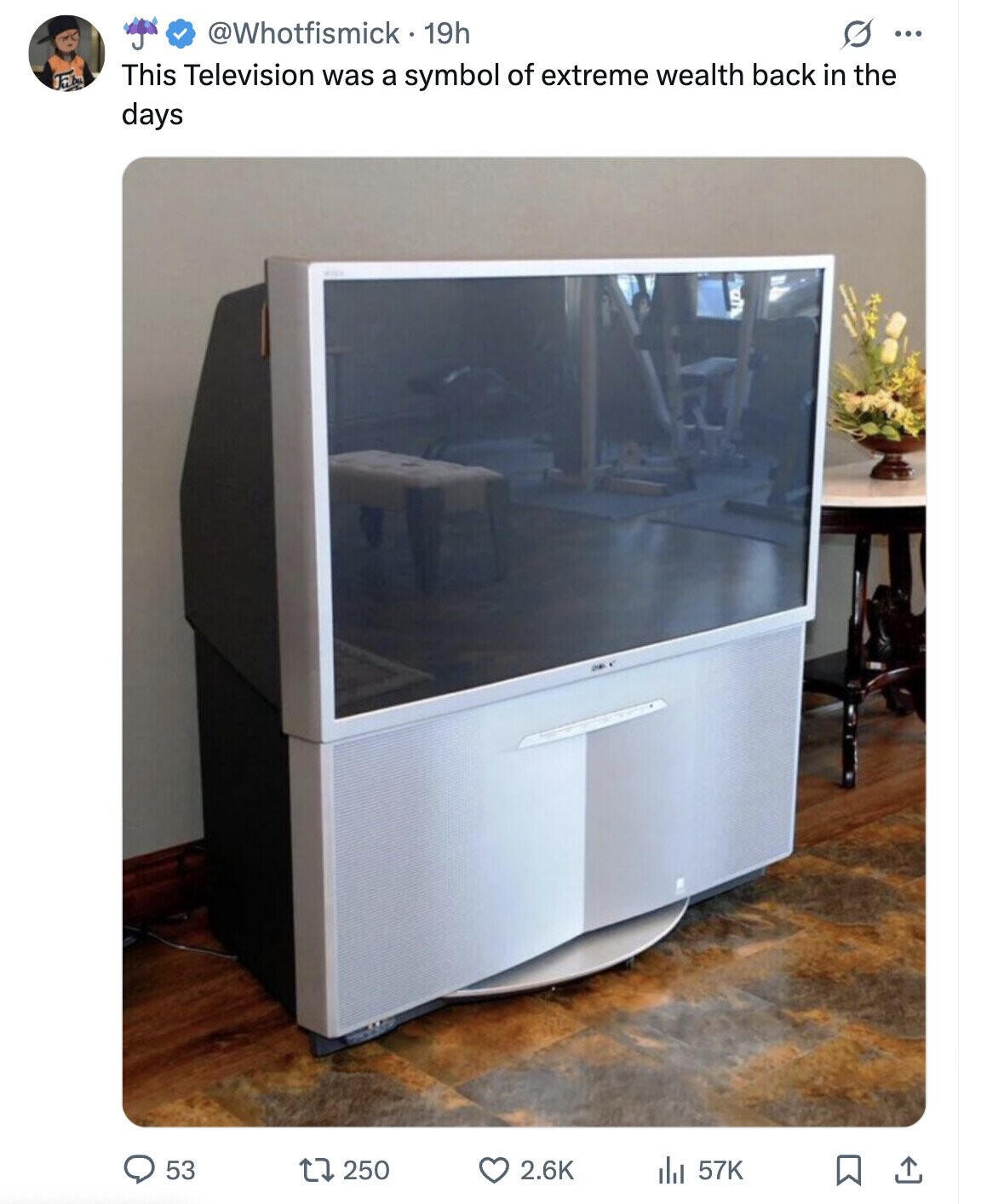 @Whotfismick 19h O ... This Television was a symbol of extreme wealth back in the Fubu days 53 250 2.6K del 57K