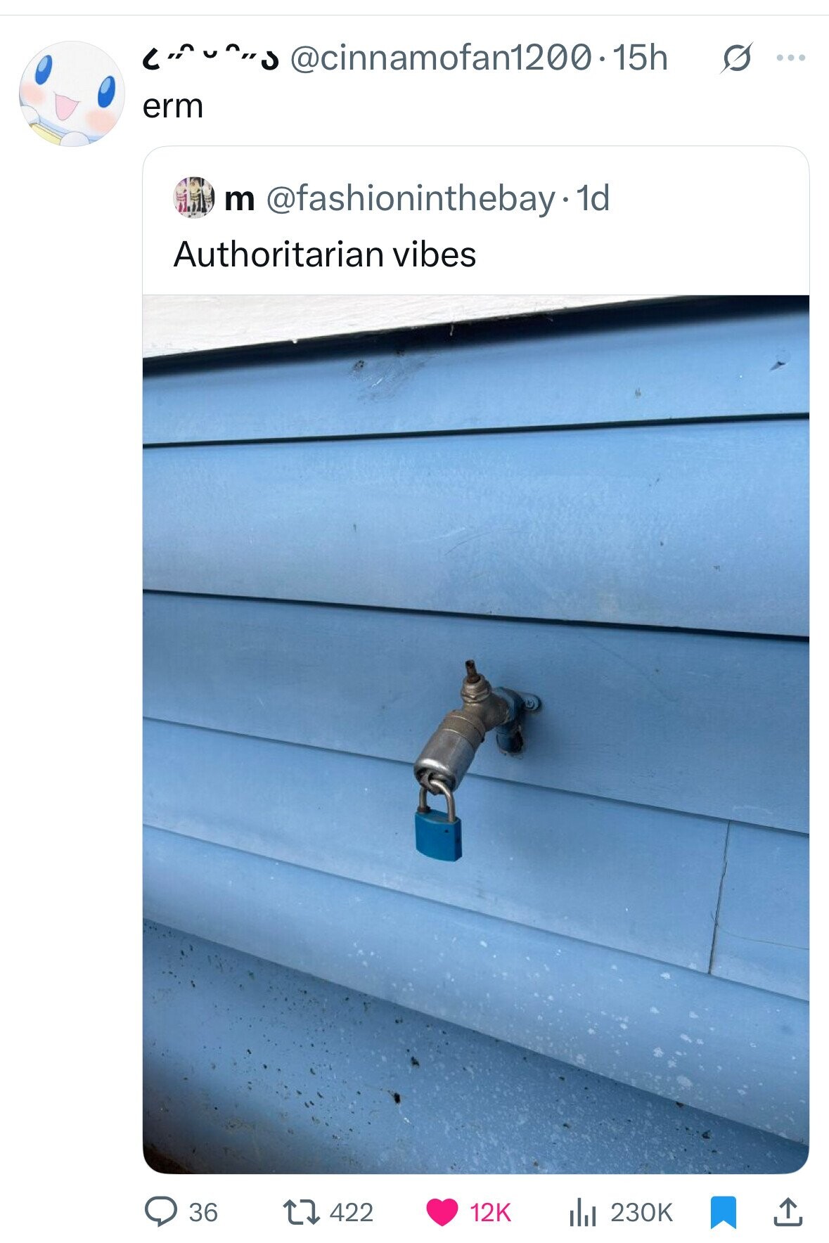 ... @cinnamofan1200-15h s ... erm m @fashioninthebay 1d Authoritarian vibes 36 422 12K 230K 
