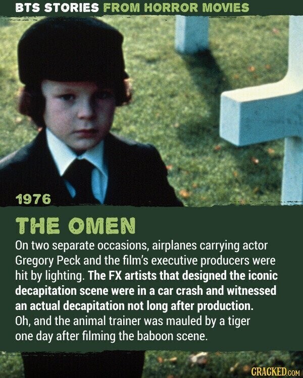 BTS STORIES FROM HORROR MOVIES 1976 THE OMEN On two separate occasions, airplanes carrying actor Gregory Peck and the film's executive producers were hit by lighting. The FX artists that designed the iconic decapitation scene were in a car crash and witnessed an actual decapitation not long after production. Oh, and the animal trainer was mauled by a tiger one day after filming the baboon scene. CRACKED.COM