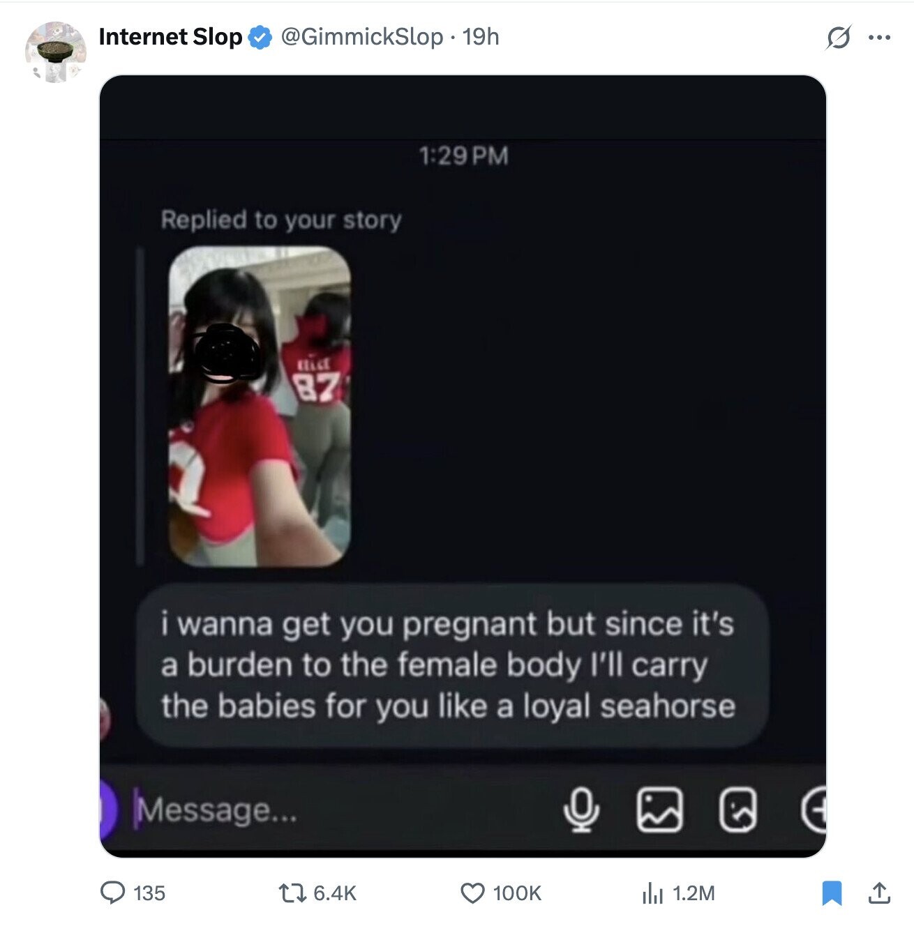 S ... Internet Slop @GimmickSlop . 19h 1:29 PM Replied to your story KELLE 87 : I i wanna get you pregnant but since it's a burden to the female body I'll carry the babies for you like a loyal seahorse Message... 135 6.4K 100K del 1.2M