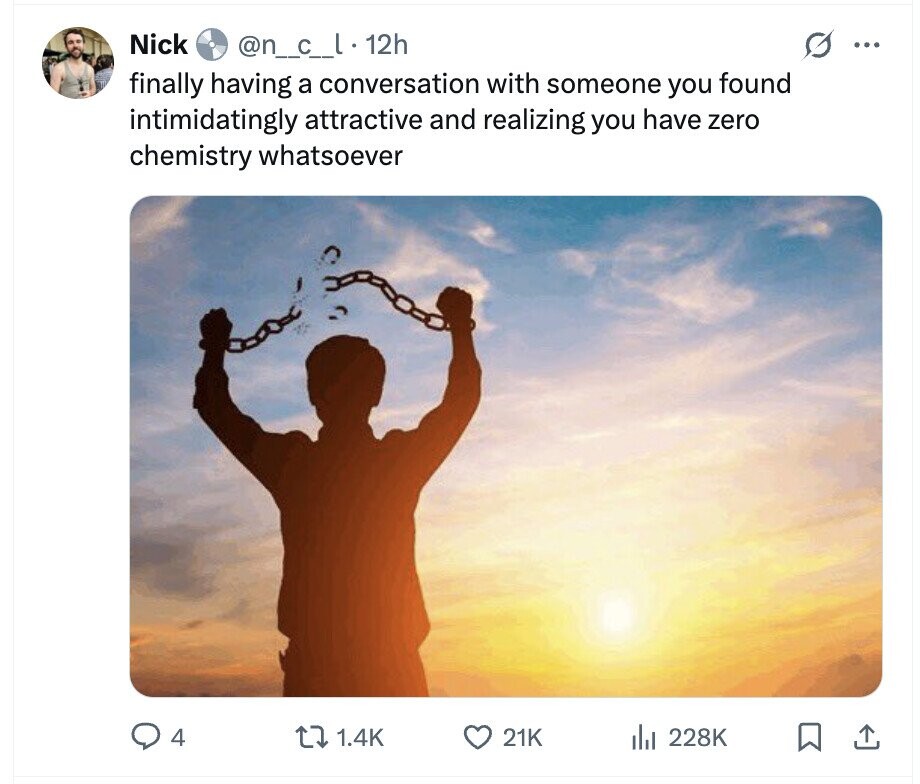 Nick @n_____l.- 12h ... finally having a conversation with someone you found intimidatingly attractive and realizing you have zero chemistry whatsoever 1.4K 21K 4 del 228K