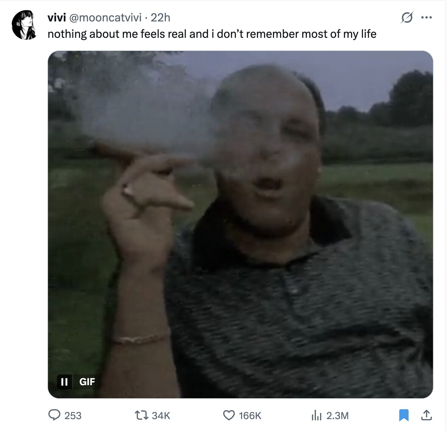 S vivi @mooncatvivi 22h ... nothing about me feels real and i don't remember most of my life II GIF 253 34K 166K del 2.3M 