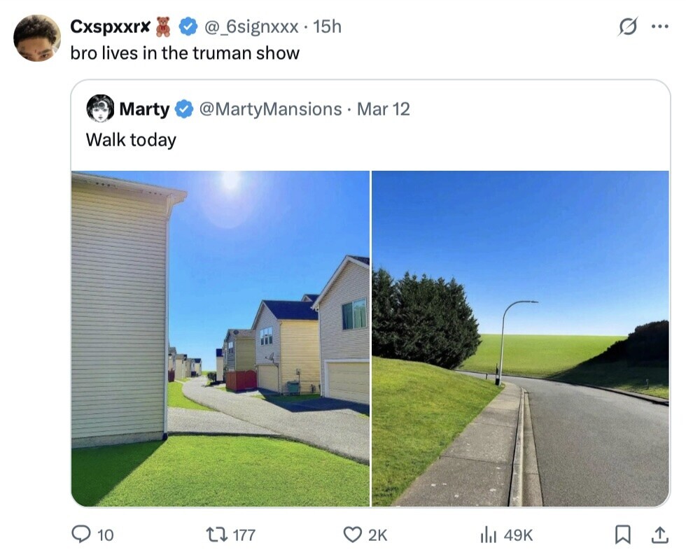 Cxspxxrx @_6signxxx 15h ... bro lives in the truman show Marty @MartyMansions - Mar 12 Walk today 10 177 2K 49K 