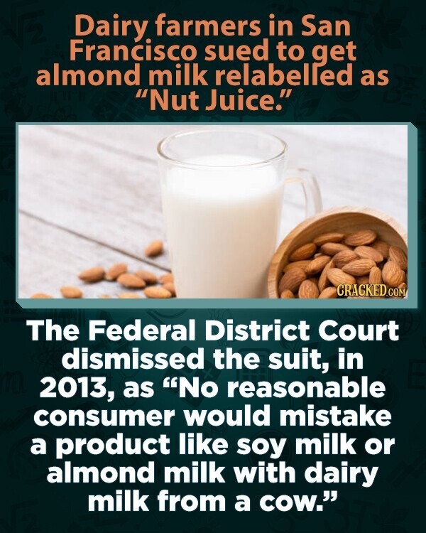 Dairy farmers in San Francisco sued to get almond milk relabelled as Nut Juice. CRACKED.COM The Federal District Court dismissed the suit, in 2013, as No reasonable consumer would mistake a product like soy milk or almond milk with dairy milk from a cow.