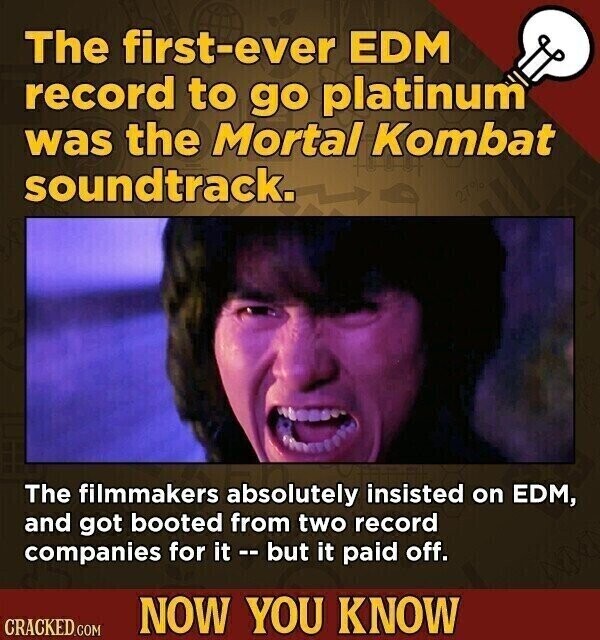 The first-ever EDM record to go platinum was the Mortal Kombat soundtrack. 27% The filmmakers absolutely insisted on EDM, and got booted from two record companies for it -- but it paid off. NOW YOU KNOW CRACKED.COM