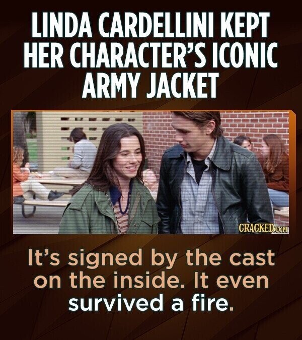 LINDA CARDELLINI KEPT HER CHARACTER'S ICONIC ARMY JACKET CRACKED.com It's signed by the cast on the inside. It even survived a fire.