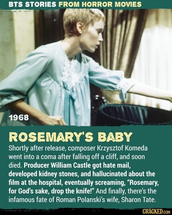 BTS STORIES FROM HORROR MOVIES 1968 ROSEMARY'S BABY Shortly after release, composer Krzysztof Komeda went into a coma after falling off a cliff, and soon died. Producer William Castle got hate mail, developed kidney stones, and hallucinated about the film at the hospital, eventually screaming, Rosemary, for God's sake, drop the knife! And finally, there's the infamous fate of Roman Polanski's wife, Sharon Tate. CRACKED.COM
