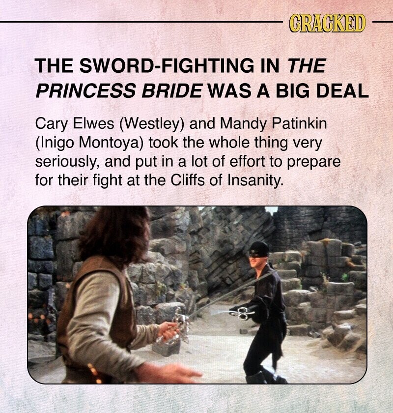 CRACKED THE SWORD-FIGHTING IN THE PRINCESS BRIDE WAS A BIG DEAL Cary Elwes (Westley) and Mandy Patinkin (Inigo Montoya) took the whole thing very seriously, and put in a lot of effort to prepare for their fight at the Cliffs of Insanity.