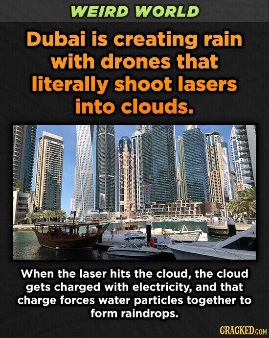 WEIRD WORLD Dubai is creating rain with drones that literally shoot lasers into clouds. BRISTO PRINTOL ORISTO When the laser hits the cloud, the cloud gets charged with electricity, and that charge forces water particles together to form raindrops. CRACKED.COM