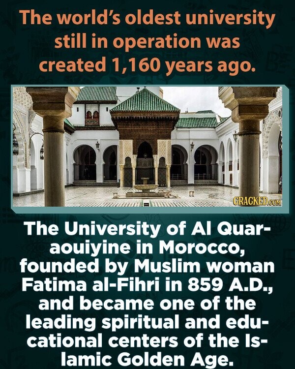 The world's oldest university still in operation was created 1,160 years ago. GRACKED.COM The University of Al Quar- aouiyine in Morocco, founded by Muslim woman Fatima al-Fihri in 859 A.D., and became one of the leading spiritual and edu- cational centers of the Is- lamic Golden Age.