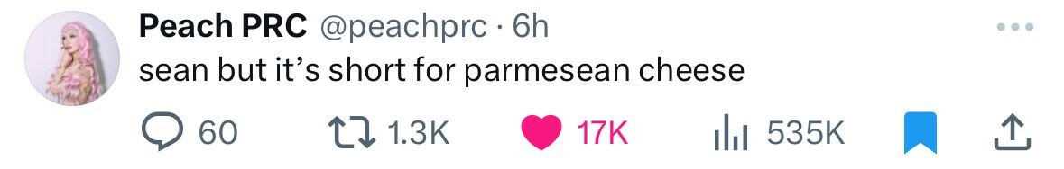 Peach PRC @peachprc - 6h sean but it's short for parmesean cheese 60 1.3K 17K 535K