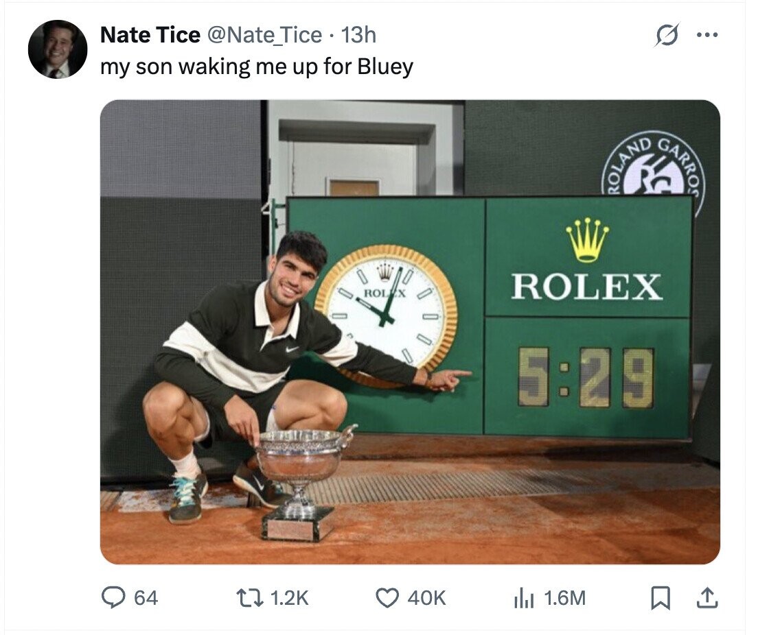 Nate Tice @Nate_Tice 13h ... my son waking me up for Bluey ROLAND GARROS ROLEX ROLEX 5:29 64 1.2K 40K del 1.6M