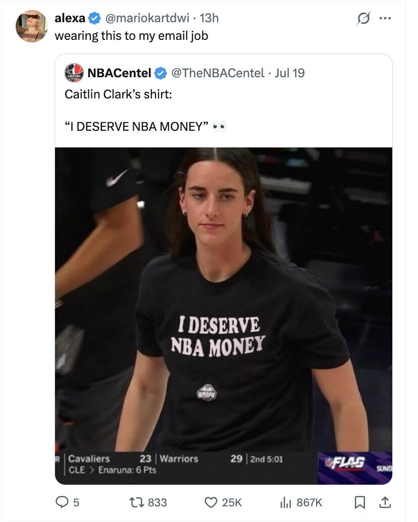 alexa @mariokartdwi - 13h s ... wearing this to my email job NBACentel @TheNBACentel Jul 19 CENTEL Caitlin Clark's shirt: I DESERVE NBA MONEY I DESERVE NBA MONEY WHEPA Cavaliers 23 Warriors 29 2nd 5:01 R FLAG CLE 7 Enaruna: 6 Pts SUND 5 833 25K 867K