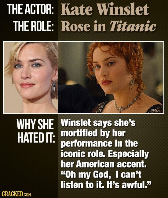 THE ACTOR: Kate Winslet THE ROLE: Rose in Titanic WHY SHE Winslet says she's mortified by her HATED IT: performance in the iconic role. Especially her American accent. Oh my God, I can't listen to it. It's awful. CRACKED.COM