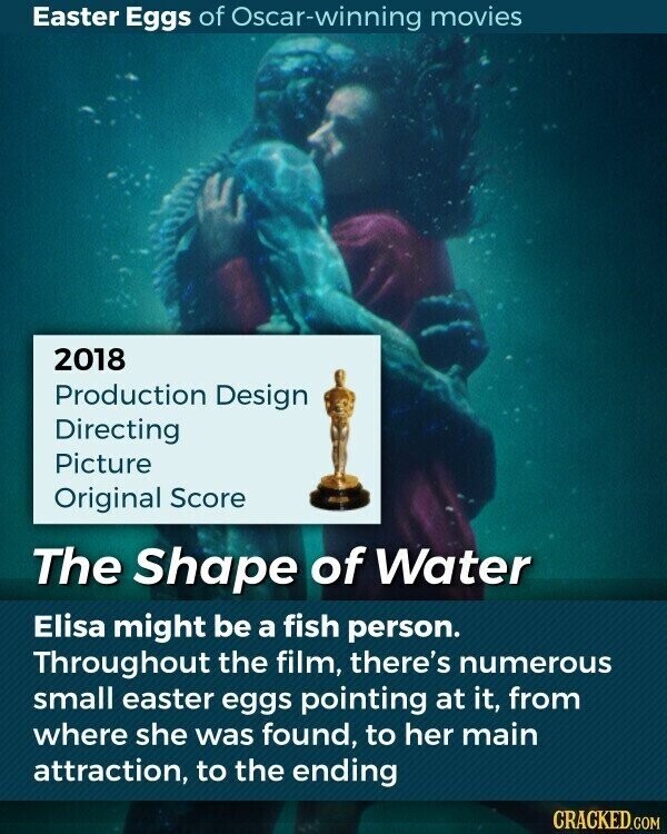 Easter Eggs of Oscar-winning movies 2018 Production Design Directing Picture Original Score The Shape of Water Elisa might be a fish person. Throughout the film, there's numerous small easter eggs pointing at it, from where she was found, to her main attraction, to the ending CRACKED.COM
