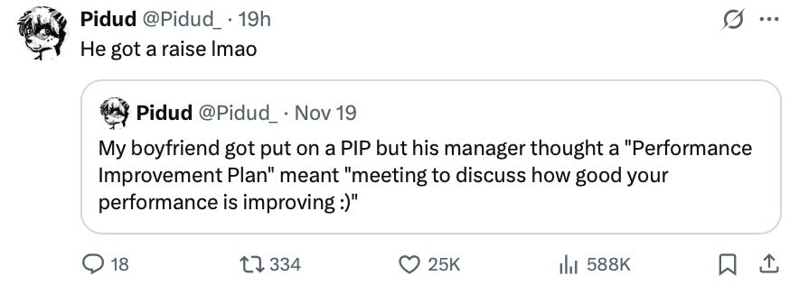 Pidud @Pidud_.19h ... Не got a raise Imao Pidud @Pidud_ - Nov 19 My boyfriend got put on a PIP but his manager thought a Performance Improvement Plan meant meeting to discuss how good your performance is improving:) 18 334 25K 588K 