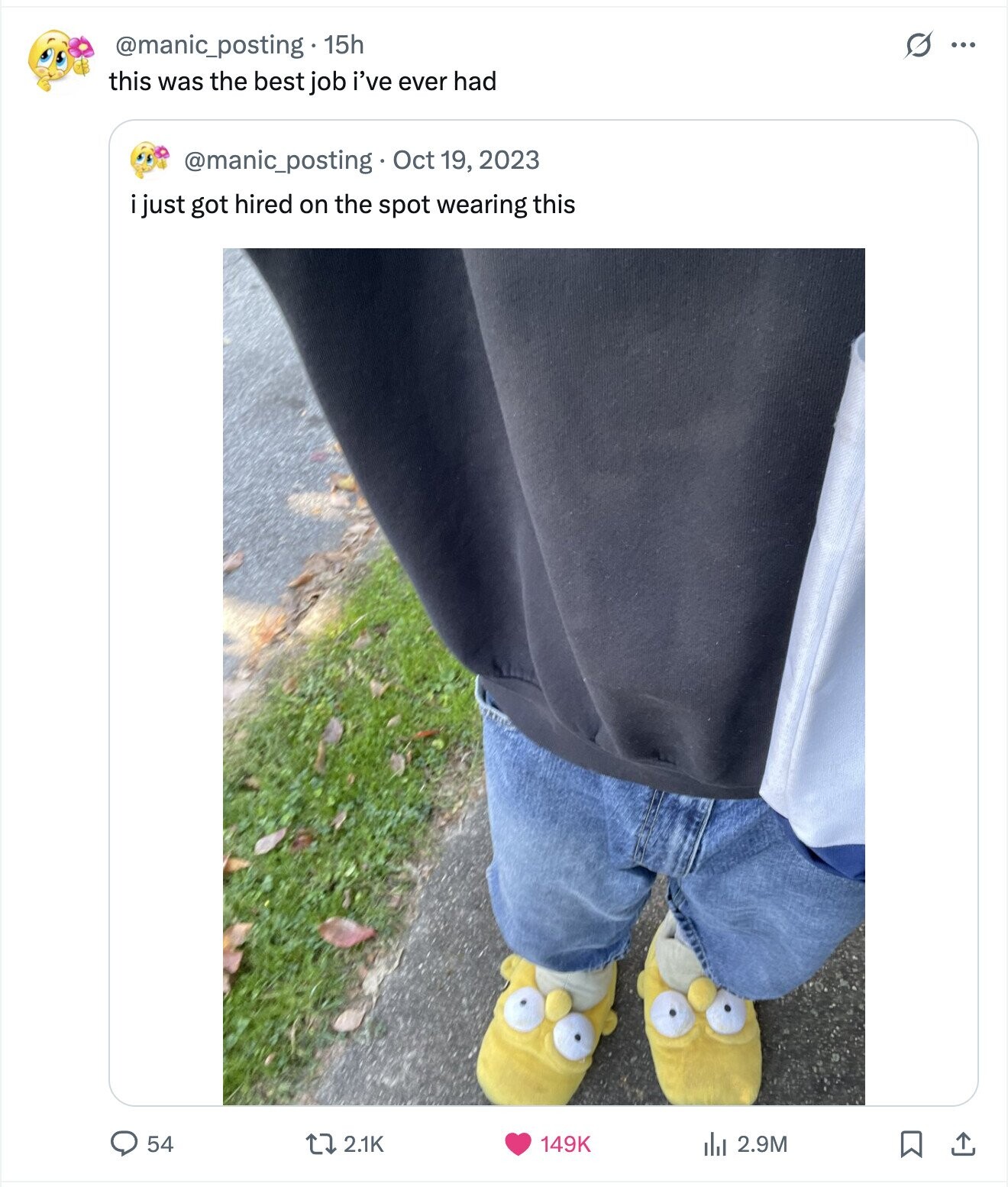 G @manic_posting 15h ... this was the best job i've ever had @manic_posting Oct 19, 2023 i just got hired on the spot wearing this 54 2.1K 149K del 2.9M