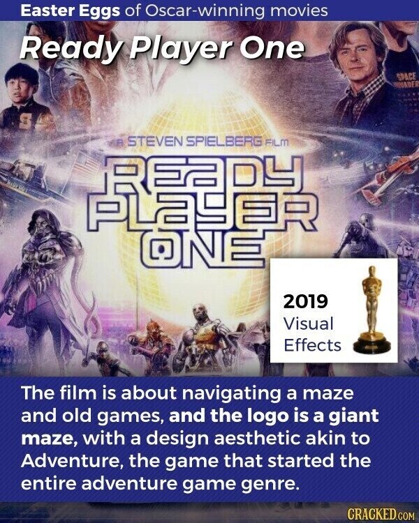Easter Eggs of Oscar-winning movies Ready Player One SPACE NAVER 3 MA STEVEN SPIELBERG FILM EADY PLAYER ONE 2019 Visual Effects The film is about navigating a maze and old games, and the logo is a giant maze, with a design aesthetic akin to Adventure, the game that started the entire adventure game genre. CRACKED.COM