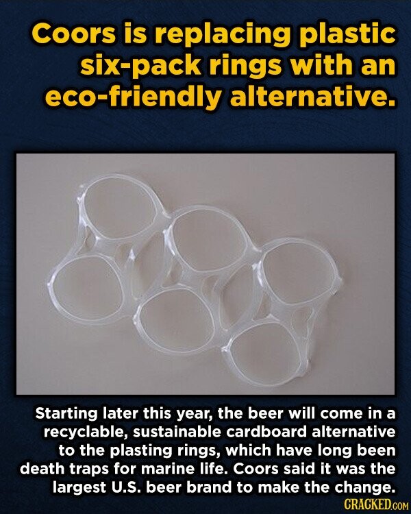 Coors is replacing plastic six-pack rings with an eco-friendly alternative. Starting later this year, the beer will come in a recyclable, sustainable cardboard alternative to the plasting rings, which have long been death traps for marine life. Coors said it was the largest U.S. beer brand to make the change. CRACKED.COM