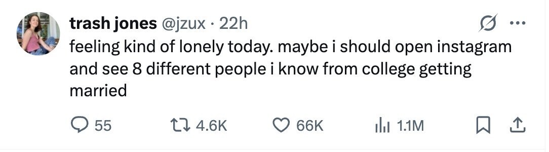 trash jones @jzux . 22h ... feeling kind of lonely today. maybe i should open instagram and see 8 different people i know from college getting married 55 4.6K 66K del 1.1M