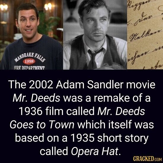Riyyan star Malkar MANDRAKE 1898 FALLS infuss in FIRR DEPARTMENT An The 2002 Adam Sandler movie Mr. Deeds was a remake of a 1936 film called Mr. Deeds Goes to Town which itself was based on a 1935 short story called Opera Hat. CRACKED.COM