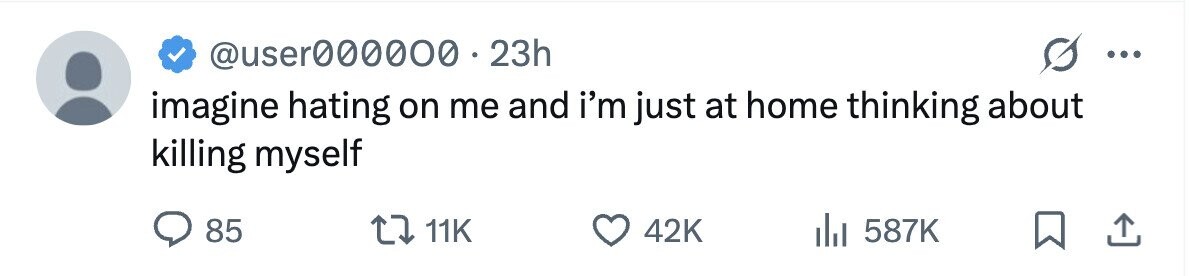 @user000000 23h ... imagine hating on me and i'm just at home thinking about killing myself 85 11K 42K 587K