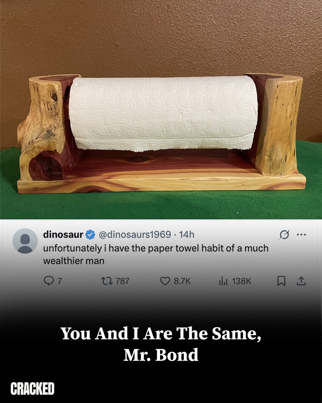 dinosaur @dinosaurs1969 . 14h ... unfortunately i have the paper towel habit of a much wealthier man 7 787 8.7K 138K You And I Are The Same, Mr. Bond CRACKED