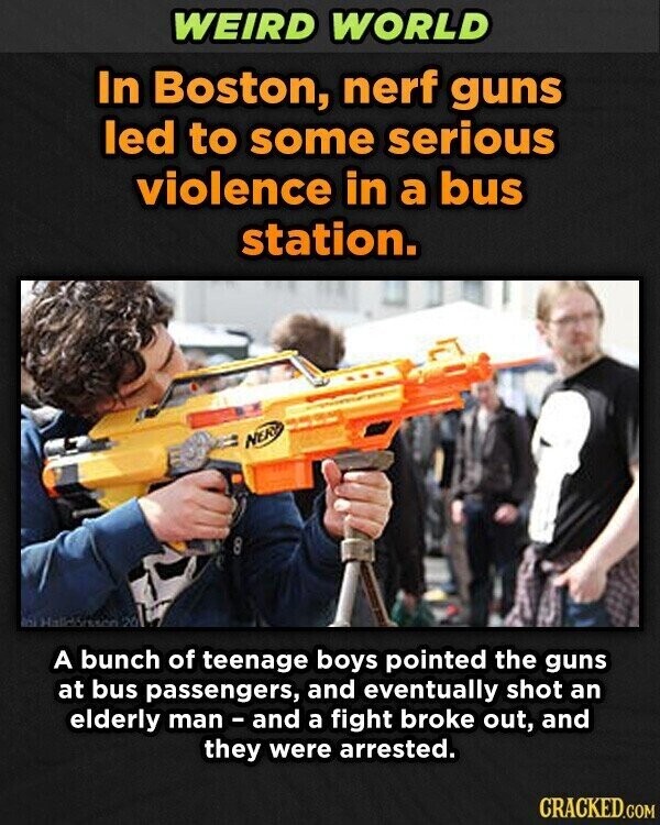 WEIRD WORLD In Boston, nerf guns led to some serious violence in a bus station. NER 8 Halldoisson 20 A bunch of teenage boys pointed the guns at bus passengers, and eventually shot an elderly man - and a fight broke out, and they were arrested. CRACKED.COM