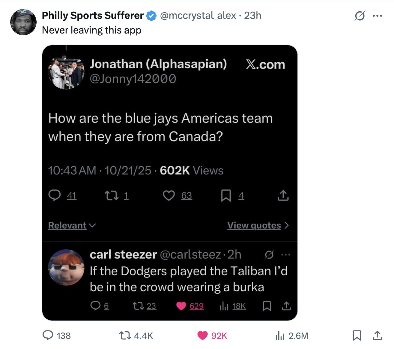 Philly Sports Sufferer @mccrystal_alex.23h S ... Never leaving this app Jonathan (Alphasapian) X.com @Jonny142000 How are the blue jays Americas team when they are from Canada? 10:43AM 10/21/25 602K Views 41 63 1 4 Relevant View quotes carl steezer @carlsteez.2h : If the Dodgers played the Taliban I'd be in the crowd wearing a burka 6 23 629 del 18K 138 92K 4.4K del 2.6M