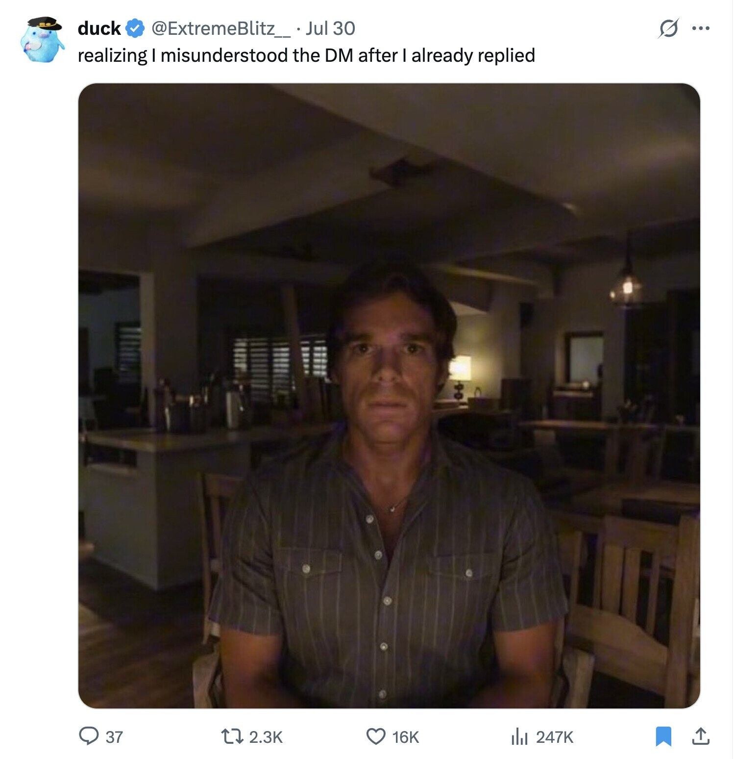 duck @ExtremeBlitz_ - Jul 30 ... realizing misunderstood the DM after I already replied 37 16K 2.3K del 247K