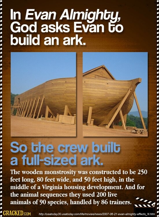 In Evan Almighty, God asks Evan to build an ark. So the crew built a full-sized ark. The wooden monstrosity was constructed to be 250 feet long, 80 feet wide, and 50 feet high, in the middle of a Virginia housing development. And for the animal sequences they used 200 live animals of 90 species, handled by 86 trainers. CRACKED.COM http://usatoday30.usatoday.com/life/movies/news/2007-06-21-evan-almighty-effects_N.htm