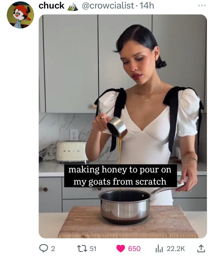chuck @crowcialist.14h SMUG making honey to pour on my goats from scratch 2 51 650 22.2K