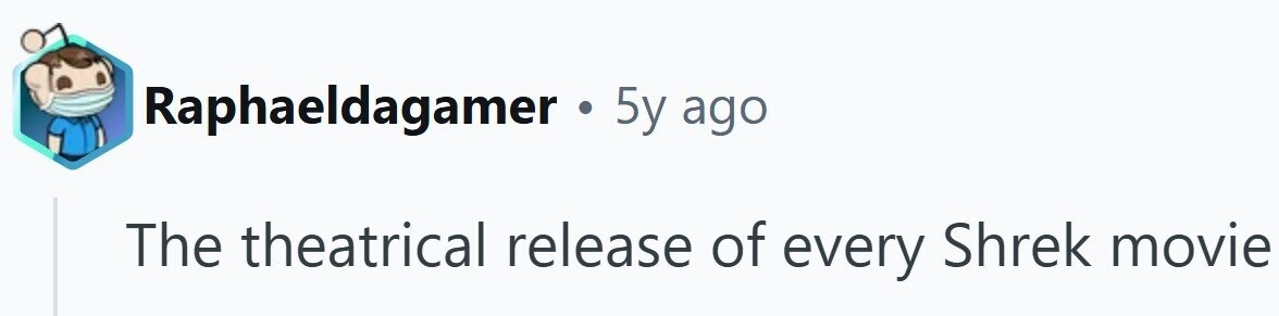 Raphaeldagamer . 5 5y ago The theatrical release of every Shrek movie
