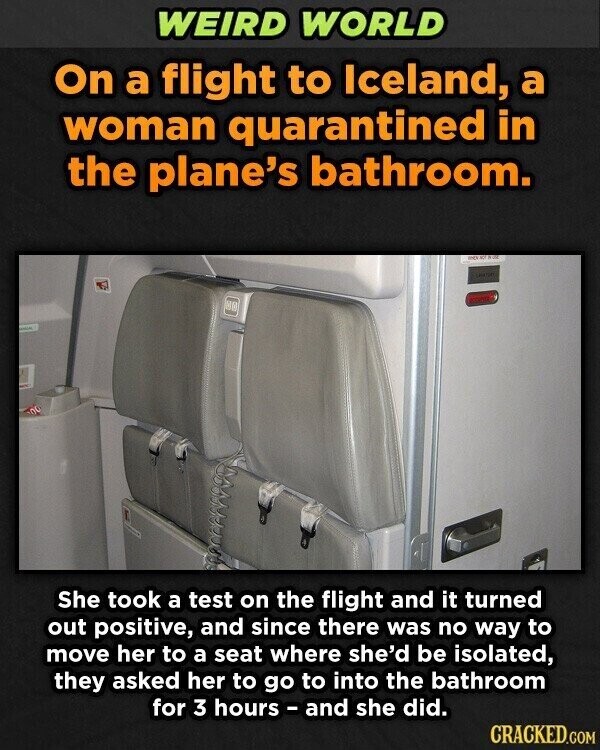 WEIRD WORLD On a flight to Iceland, a woman quarantined in the plane's bathroom. NBC STARTON MC She took a test on the flight and it turned out positive, and since there was no way to move her to a seat where she'd be isolated, they asked her to go to into the bathroom for 3 hours - and she did. CRACKED.COM