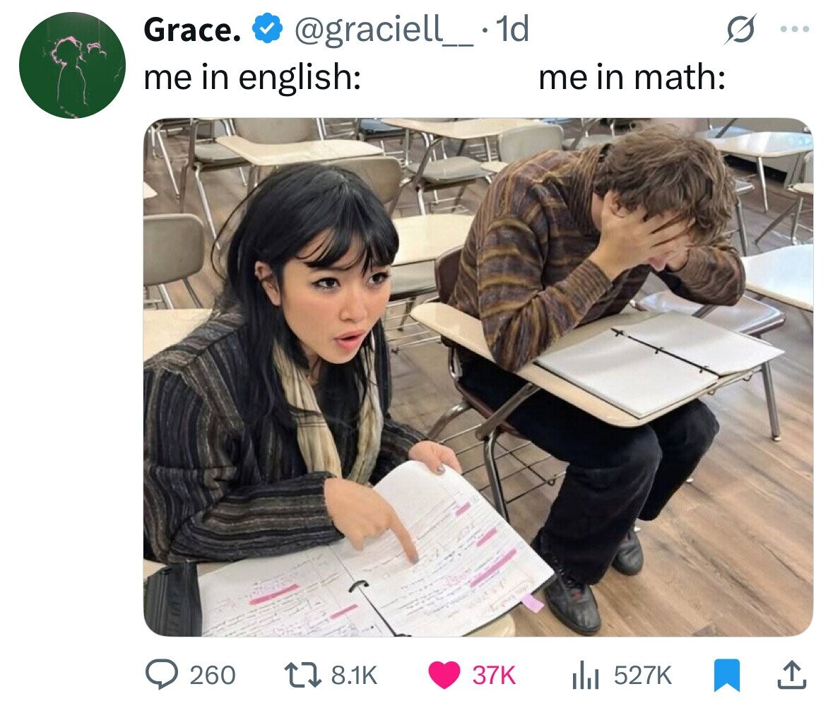 Grace. @graciell_ - 1d ... me in math: me in english: 260 8.1K 37K 527K 