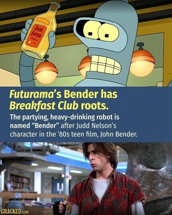 José Serve TEQUILA Futurama's Bender has Breakfast Club roots. The partying, heavy-drinking robot is named Bender after Judd Nelson's character in the '80s teen film, John Bender. CRACKED.COM